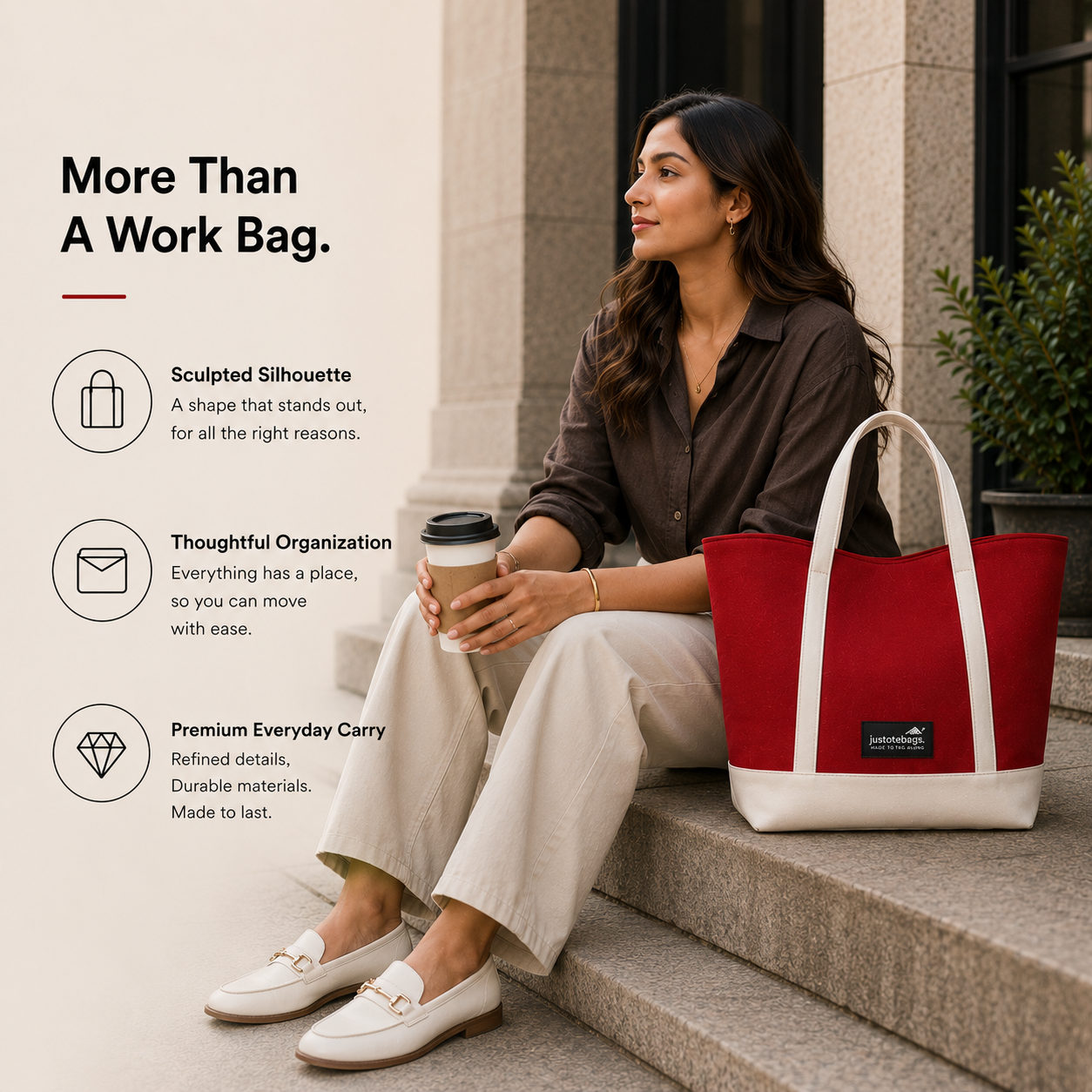 The Juniper Tote in Red/White by JustoteBags — premium two-tone tote bag with button closure