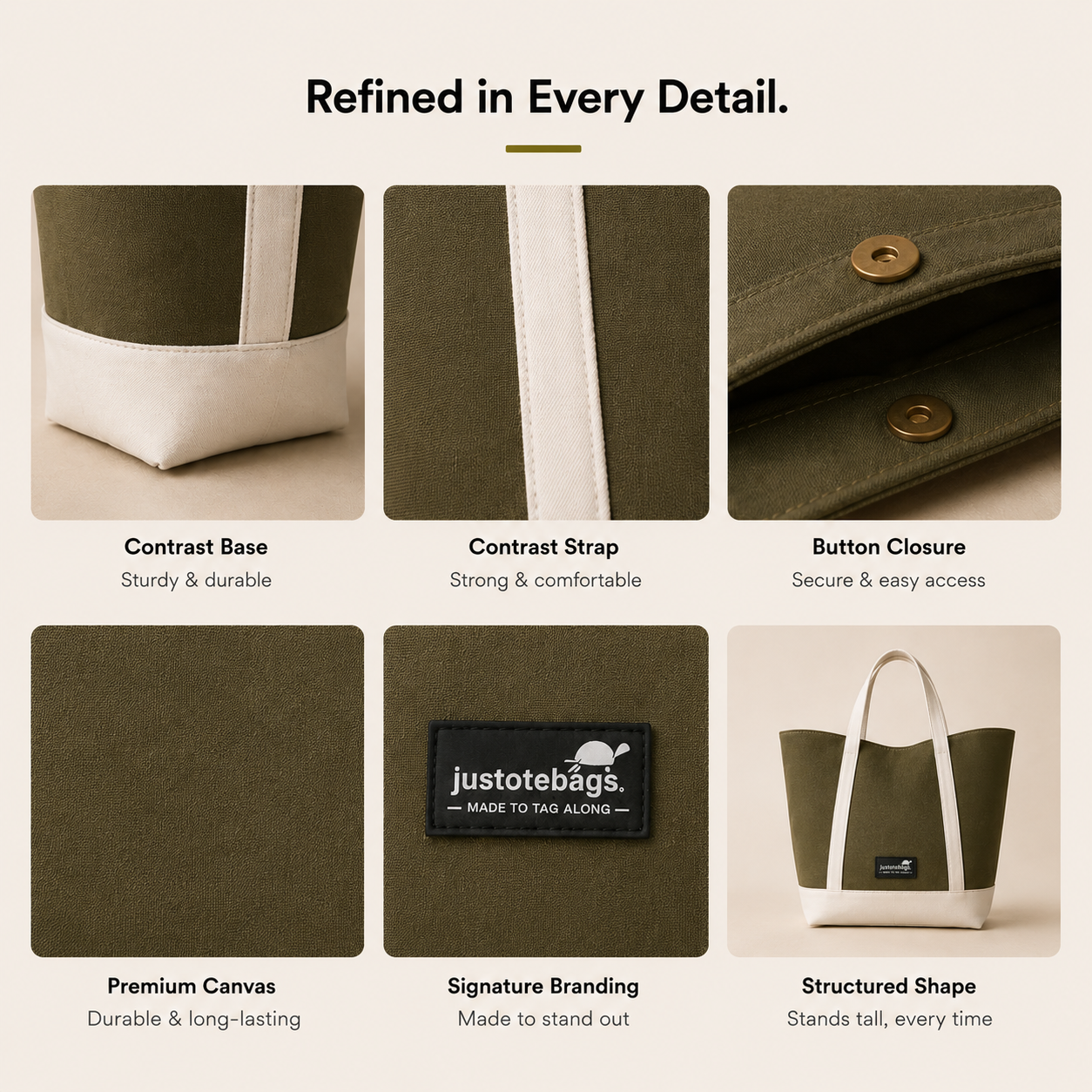 The Juniper Tote in Olive/White by JustoteBags — premium two-tone tote bag with button closure