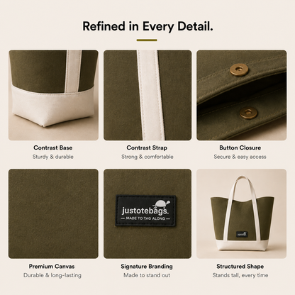 The Juniper Tote in Olive/White by JustoteBags — premium two-tone tote bag with button closure