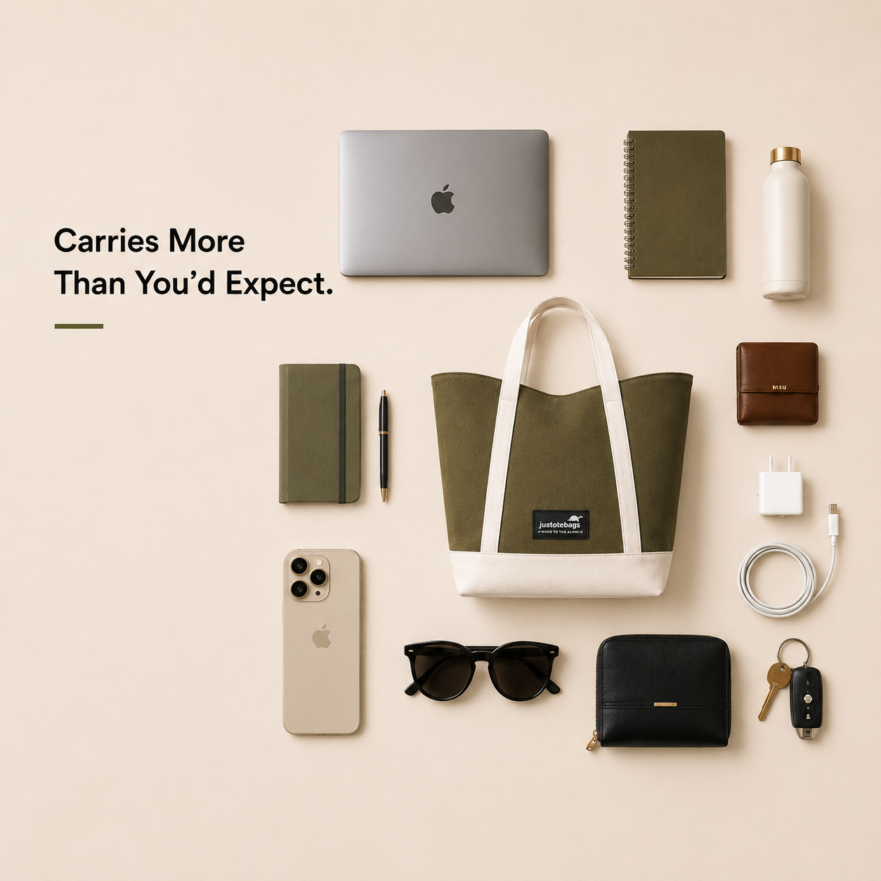 The Juniper Tote in Olive/White by JustoteBags — premium two-tone tote bag with button closure
