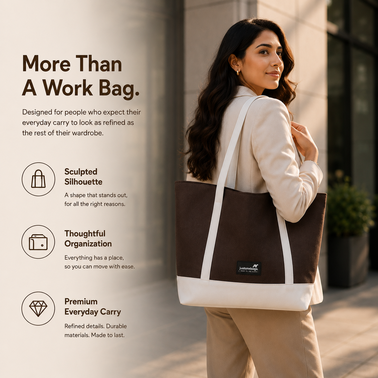 The Juniper Tote in Brown/White by JustoteBags — premium two-tone tote bag with button closure