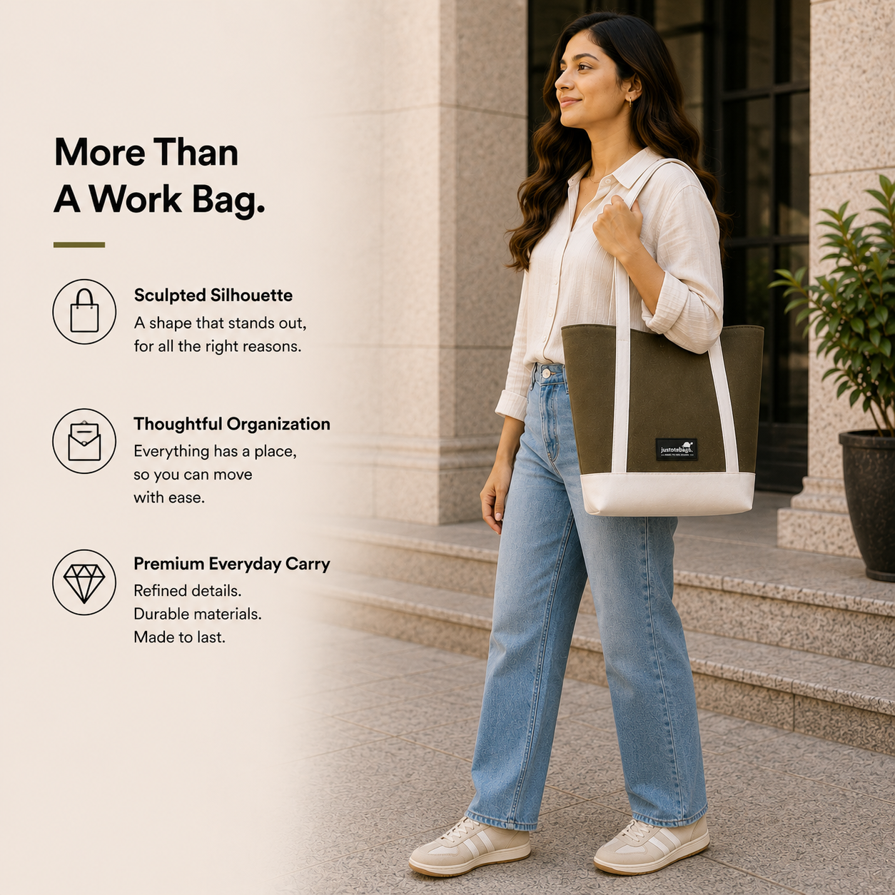 The Juniper Tote in Olive/White by JustoteBags — premium two-tone tote bag with button closure