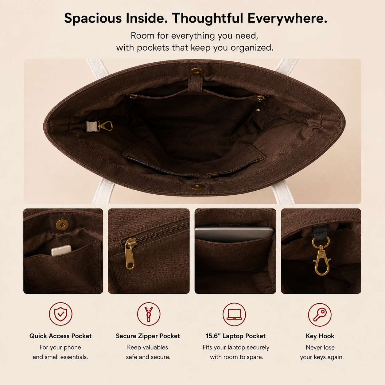 The Juniper Tote in Brown/White by JustoteBags — premium two-tone tote bag with button closure