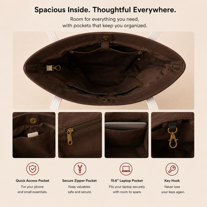 The Juniper Tote in Brown/White by JustoteBags — premium two-tone tote bag with button closure