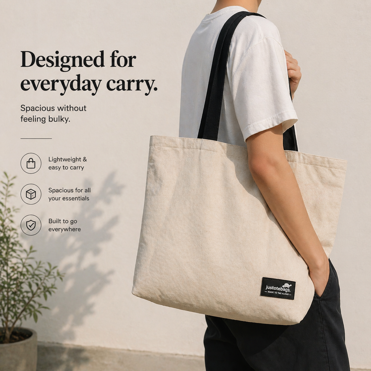 Person carrying a beige tote bag with text highlighting its features on a light background